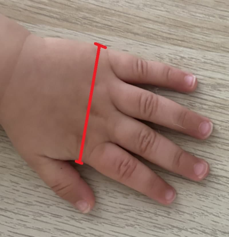 La même main, avec un trait rouge entre deux repères qui traverse la main à la base des doigts : c'est la longueur à mesurer.